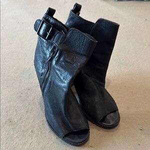 Kelsi Dagger Black Leather Peep-Toe Ankle Boots